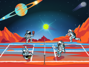 illustration of astronauts playing pickleball on mars